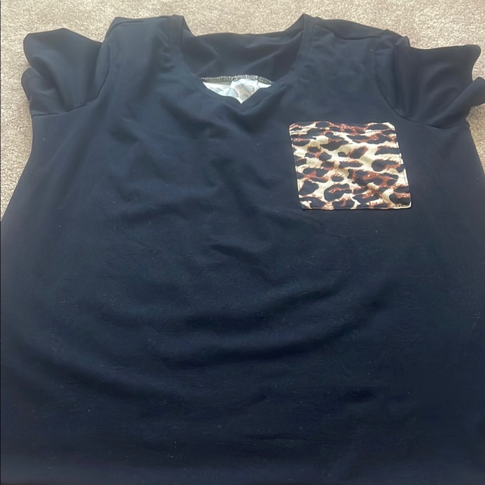 Navy T-Shirt with Leopard Print Pocket